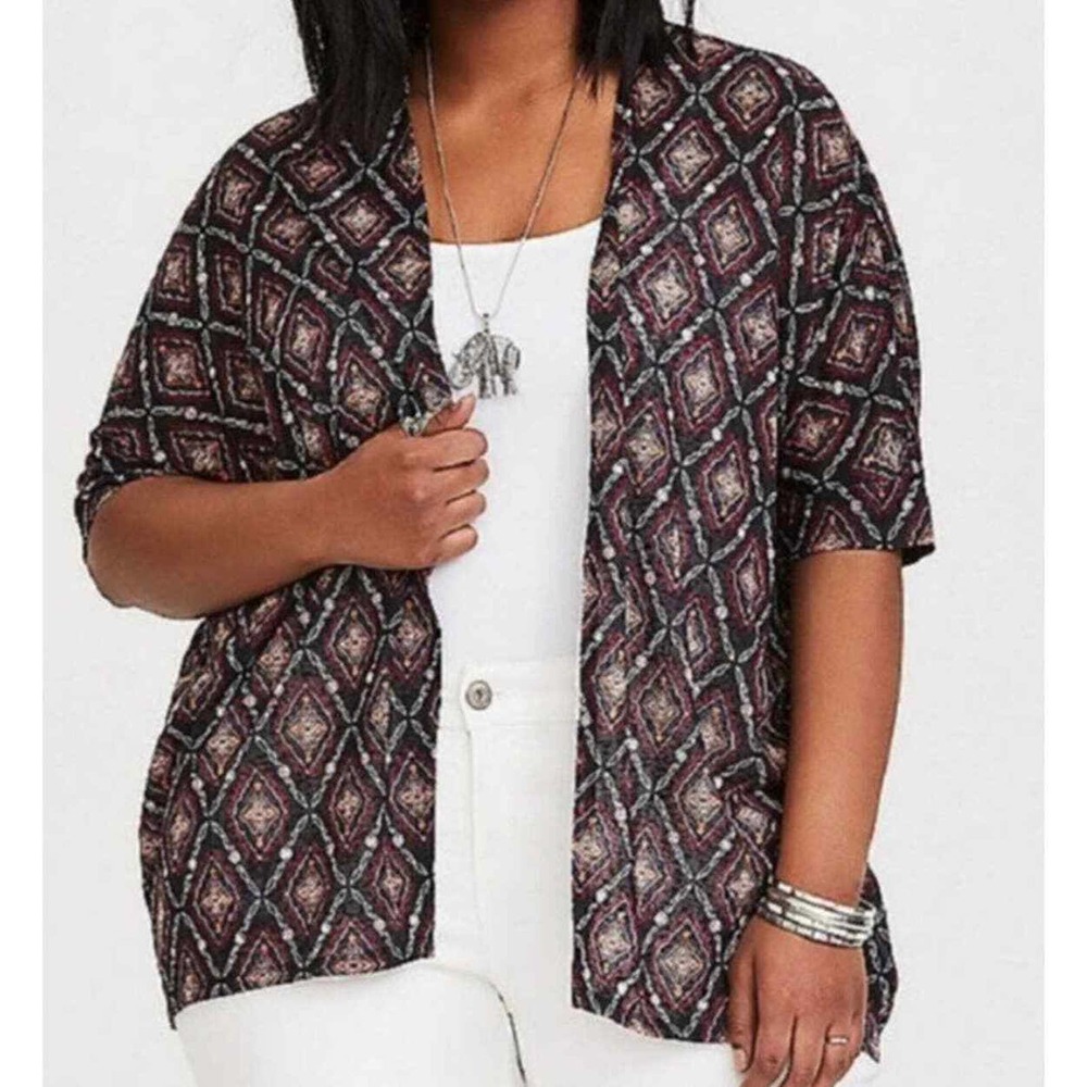 Torrid Open Front Kimono Western Diamond Print Black Womens Plus Size 2X
